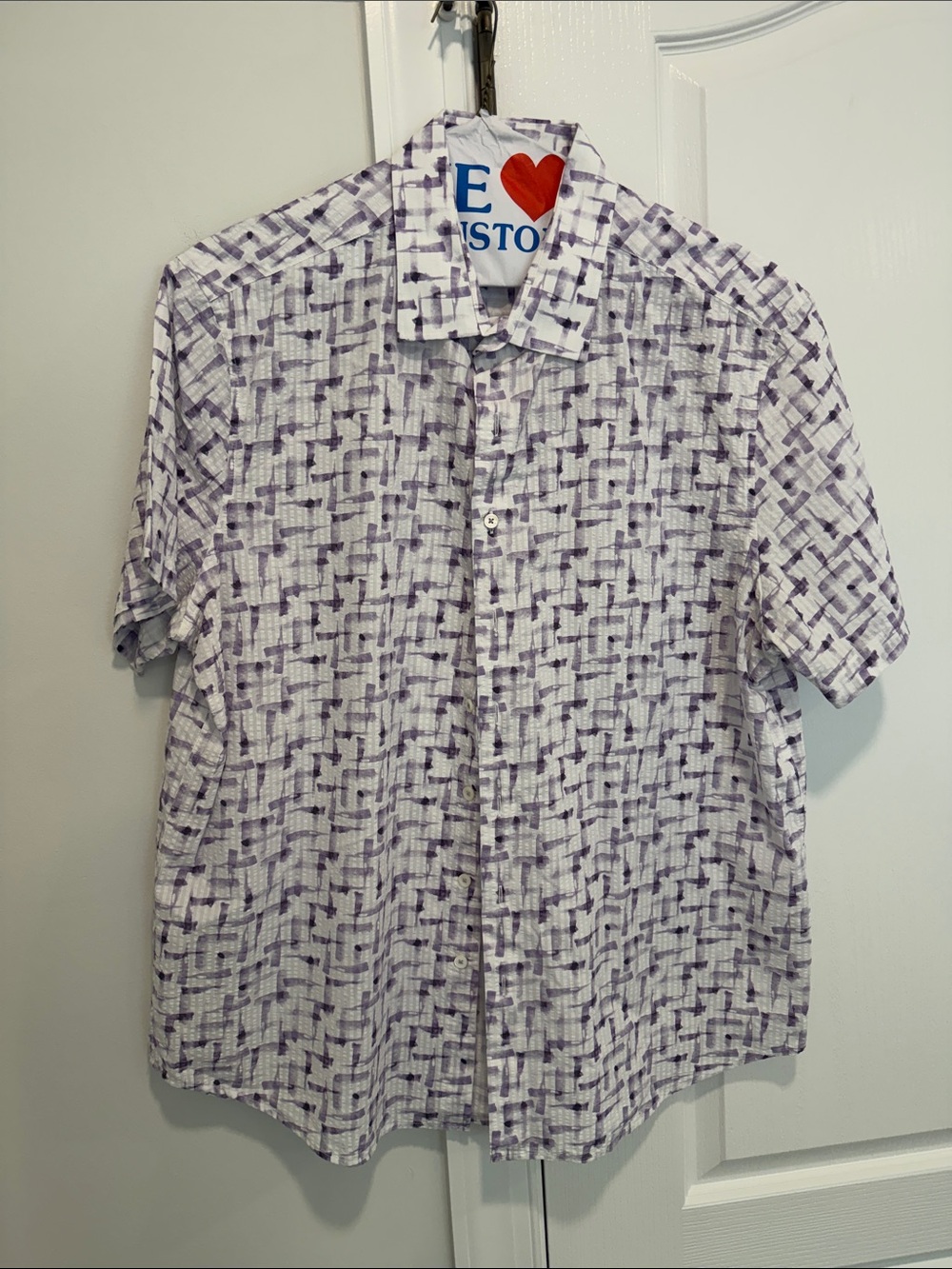 Bugatchi White Short-Sleeve Button-Down with Light Purple Grid Pattern